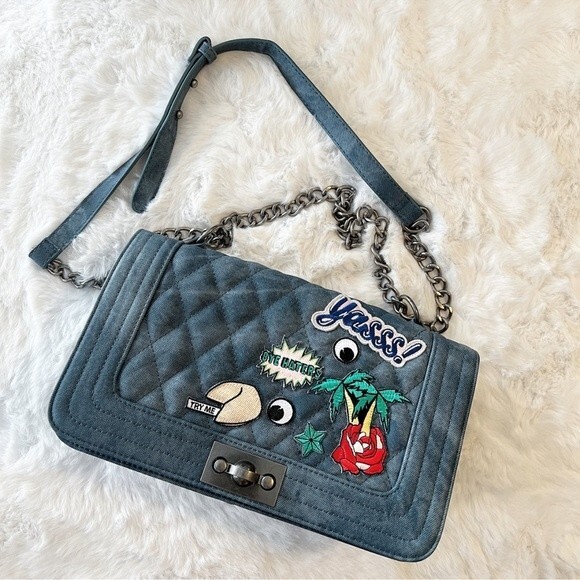Steve Madden Vintage Denim Chain Bag with Patches Chanel Vibes - Picture 1 of 13